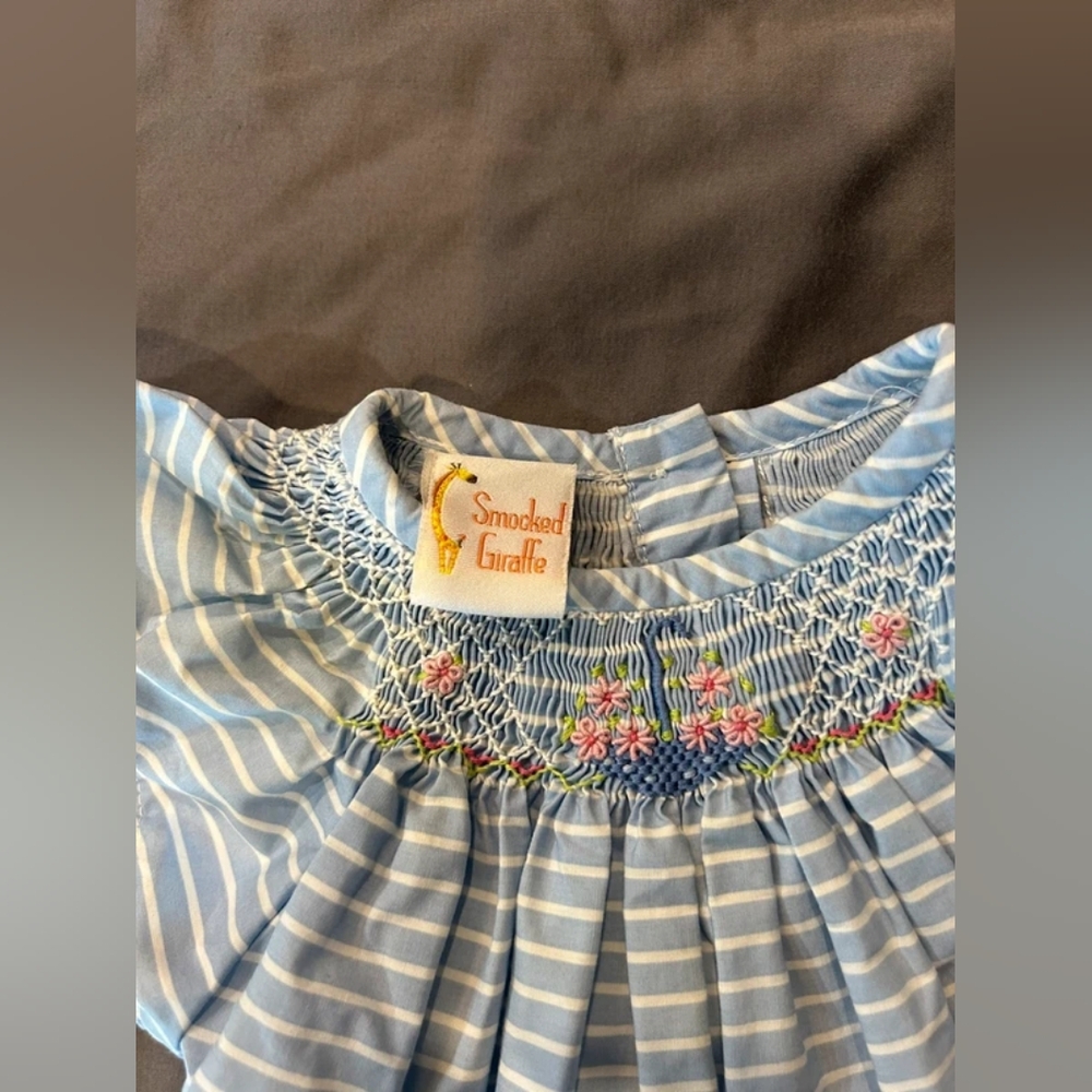 Blue & White Striped Smocked Baby Dress with Pink Trim - Picture 2 of 3